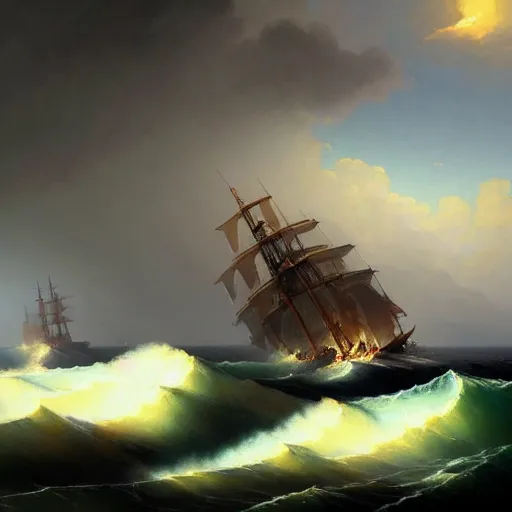 Image similar to a fleet of ancient trojan tiremes, amidst crashing waves and huge looming rocks, in the style of aivazovsky, grim, lightning flashes, sky swirling with black wind, dramatic, realistic, detailed, ancient, artstation, artgerm, digital painting