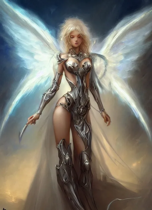 Image similar to concept art, angel knight girl. by artstation trending, by joseph mallord william turner, luis royo, konstantin razumov, cinematic lighting, fractal flame, highly detailed