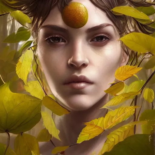 Image similar to dryad, her skin are yellow leaves portrait, highly detailed, headshot, digital painting, trending on artstation, concept art, sharp focus, illustration, art by artgerm and greg rutkowski and magali villeneuve