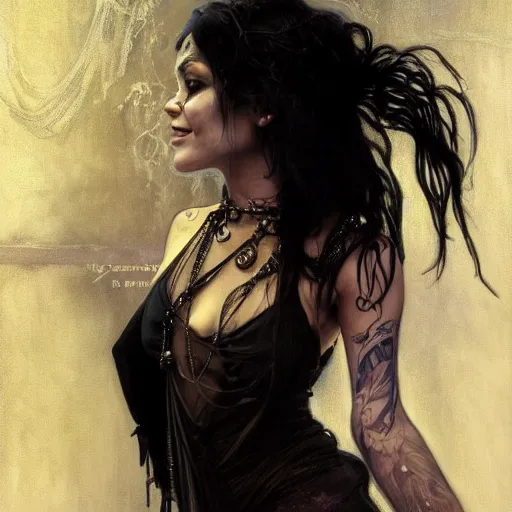 Image similar to beautiful portrait of vanessa hudgens as death from sandman, smiling, by cedric peyravernay, alphonse mucha, by jeremy mann, by lecouffe deharme, goth chic, soft lightning, eyeliner, punk rock, high detailed, 8 k