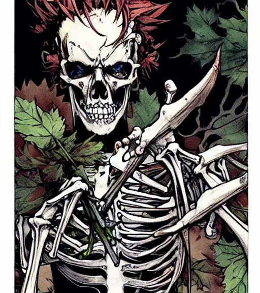 Prompt: a skeleton wearing a morticians outfit is pruning plants sprouting from a body, comic book art, by yoji shinkawa and takehiko inoue and kim jung gi, masterpiece, perfect