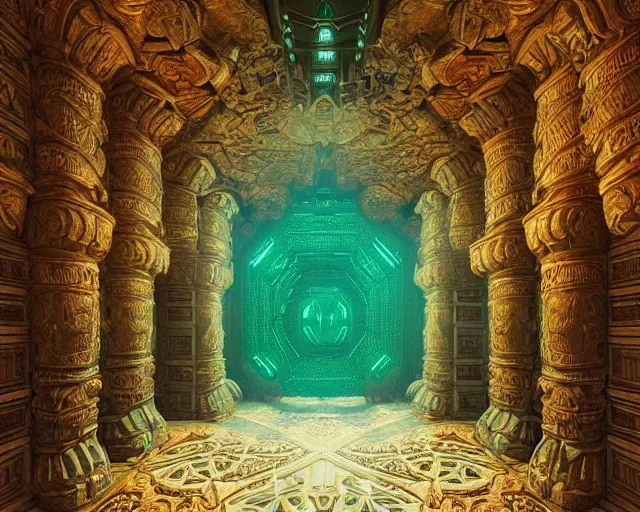 Prompt: subterranean architectural masterpiece, detailed intricate carved ivory interior malachite dungeon palace, greg rutkowski, alena aenami, artstation, radiant lighting, gilding