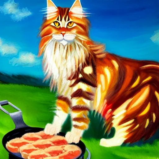 Image similar to beautiful impressionist painting of an ginger maine coon with a white beard cooking some sausages on a pan