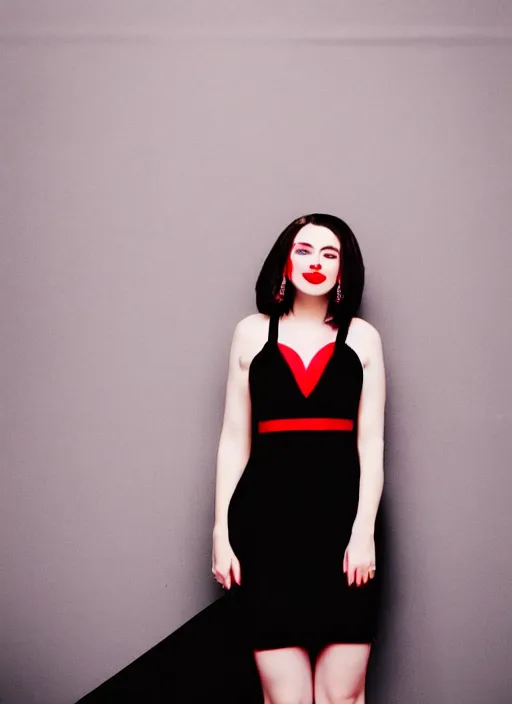 Image similar to pretty woman with red lips in black dress, polaroid, blurred background, theatre, fashion clothes, stylish, impressive photo