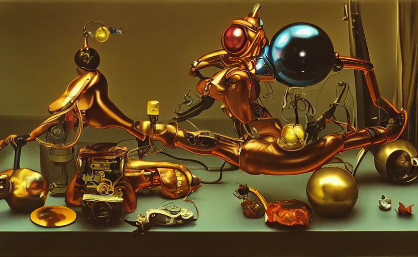Image similar to strange seductive futuristic robot body, enticing colorful oil painting dutch golden age vanitas still life sparse composition with bulbous objects strange gooey transparent surfaces shiny metal reflections bizarre mutant meat insects rachel ruysch dali todd schorr very detailed perfect composition rule of thirds masterpiece canon 5 0 mm, cinematic lighting, photography, retro, film, kodachrome