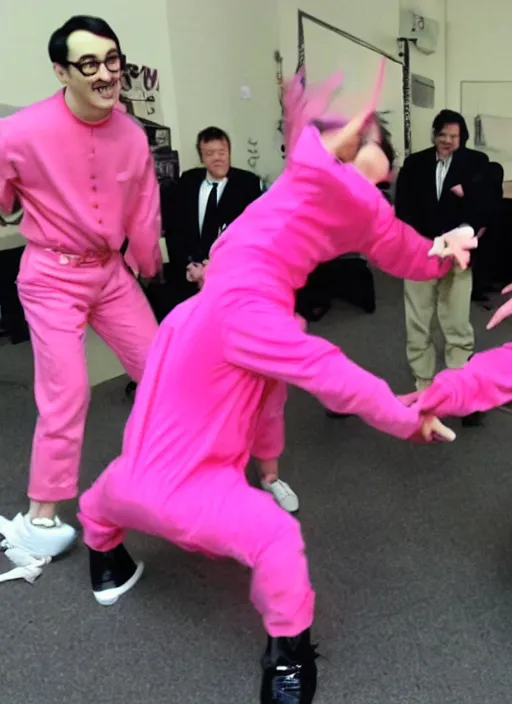 Image similar to goji singing in an scenario while filthy frank dances next to him in a pink outfit