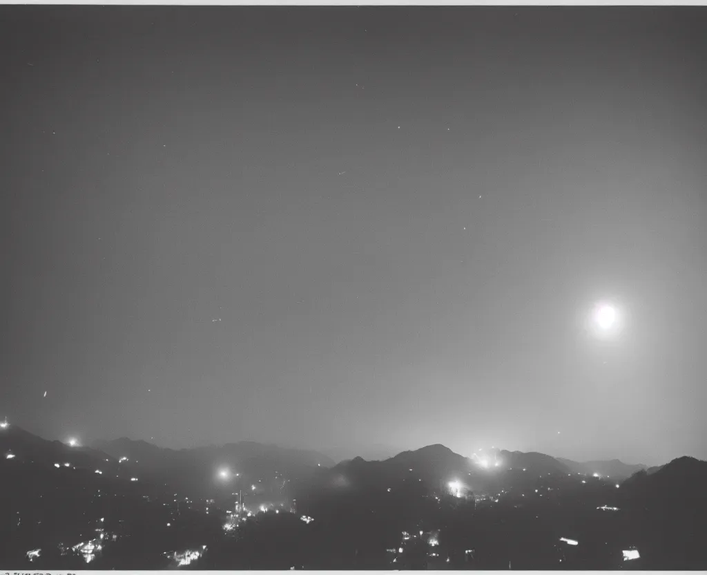 Image similar to 3 5 mm film of explosion in the sky, view from a korean traditional village, camera pans upwards, 4 k, night, fog