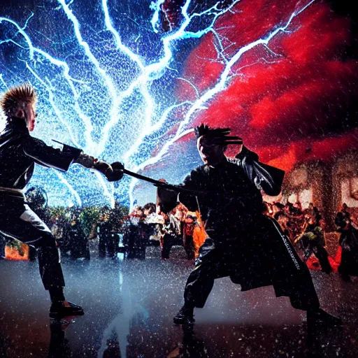 Prompt: Dramatic artistic photo of Samurai Gordon Ramsay having a sword fight with Samurai Guy Fieri, lightning in background, raining, dark, intense, anime fight, realistic, hyperrealistic