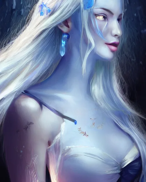 Image similar to A beautiful mysterious girl with cobalt-blue eyes and silky white hair, guitar shape build, her wardrobe is attractive, full body, fantasy art, in the style of Turine Tran, illustration, epic art, fantasy, intricate, elgant, amazing detail, digital painting, artstation, concept art, smooth, sharp focus