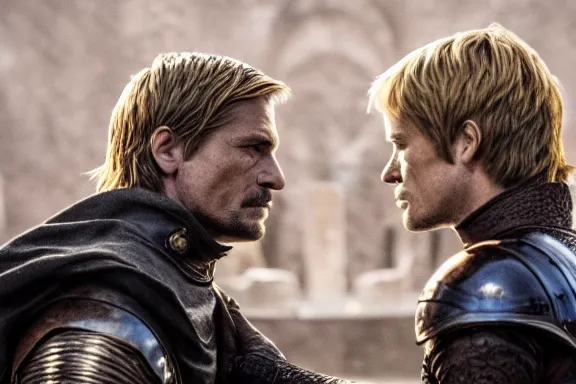 Image similar to very very intricate photorealistic photo of jaime lannister fighting cersei, photo is in focus with detailed atmospheric lighting, award - winning details