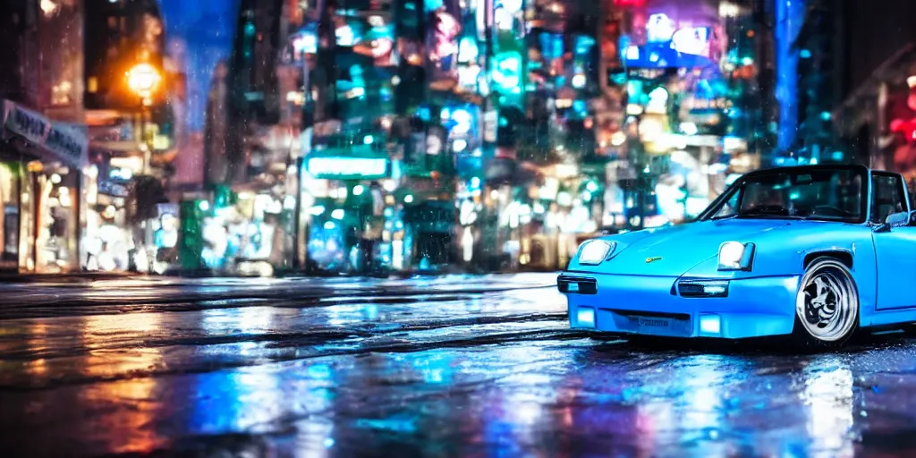 Image similar to blue porsche 9 1 4 convertable on a rainy city street, neon lights glowing, cinematic, ultrarealisitc, 4 k