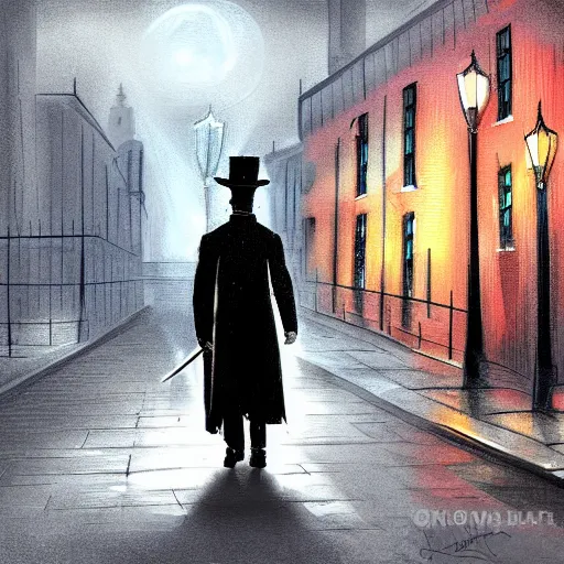 Prompt: Jack the Ripper in London at night, concept art, digital painting