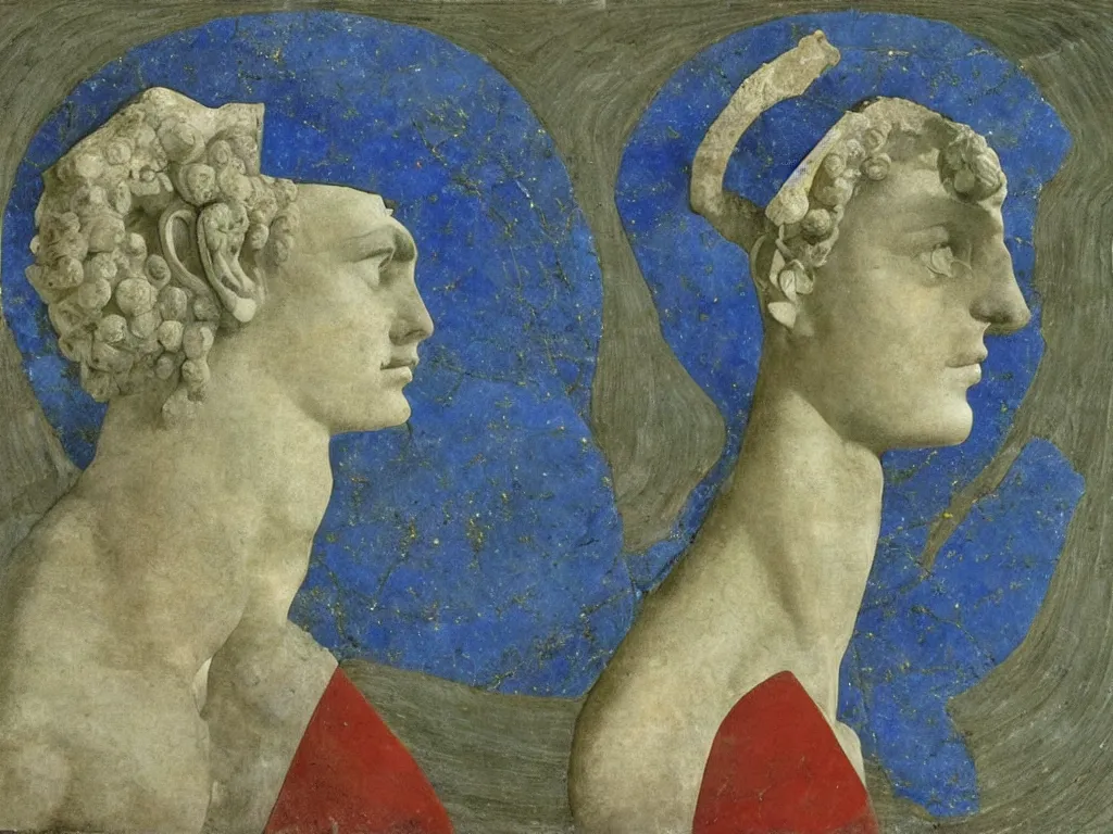 Image similar to broken marble greek sculpture head of the god of tranquility with inlaid crystal eye. lapis - lazuli, turquoise, malachite, cinnabar, earth brown. painting by piero della francesca, balthus, agnes pelton