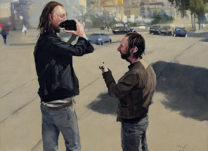 Prompt: a highly detailed beautiful portrait of thom yorke shooting, by gregory manchess, james gurney, james jean