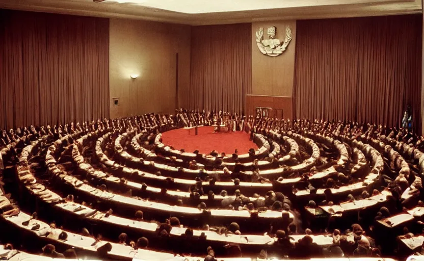 Prompt: 60s movie still of a CCCP congress in a stalinist style parlement, by Irving Penn , cinestill 800t 35mm eastmancolor, heavy grainy picture, very detailed, high quality, 4k, HD criterion, precise texture