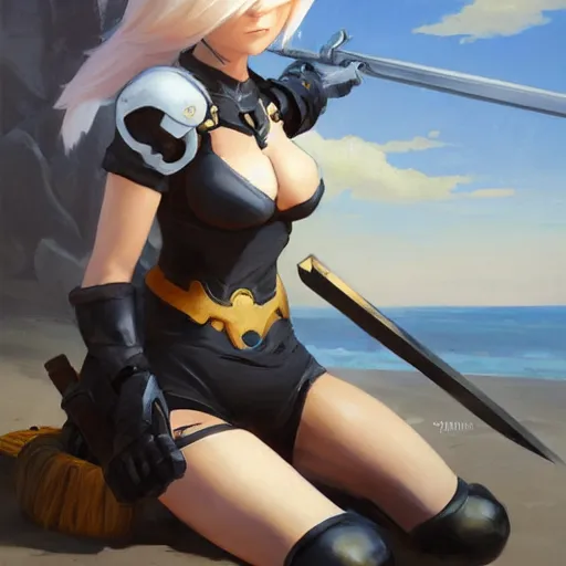 Image similar to greg manchess portrait painting of 2 b nier automata as tracer from overwatch on the beach holding a sword, organic painting, sunny day, matte painting, bold shapes, hard edges, street art, trending on artstation, by huang guangjian and gil elvgren and sachin teng