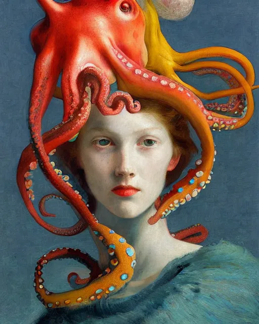 Image similar to a beautiful girl wearing a colourful octopus as a hat, painted by edgar maxence, edward hopper, wayne barlowe and james gilleard, airbrush, art by jamesjean