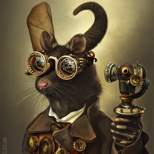 Image similar to a rat with steampunk googles, by Guillaume Seignac