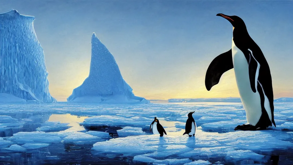 Prompt: the most beautiful panoramic landscape, oil painting, where a giant iceberg is lost in the frozen artic ocean, a giant penguin is exhaling steam while walking over the iceberg, the frozen artic ocean is reflecting the giant penguin and the ray lights of the sunset are brightening him, by greg rutkowski