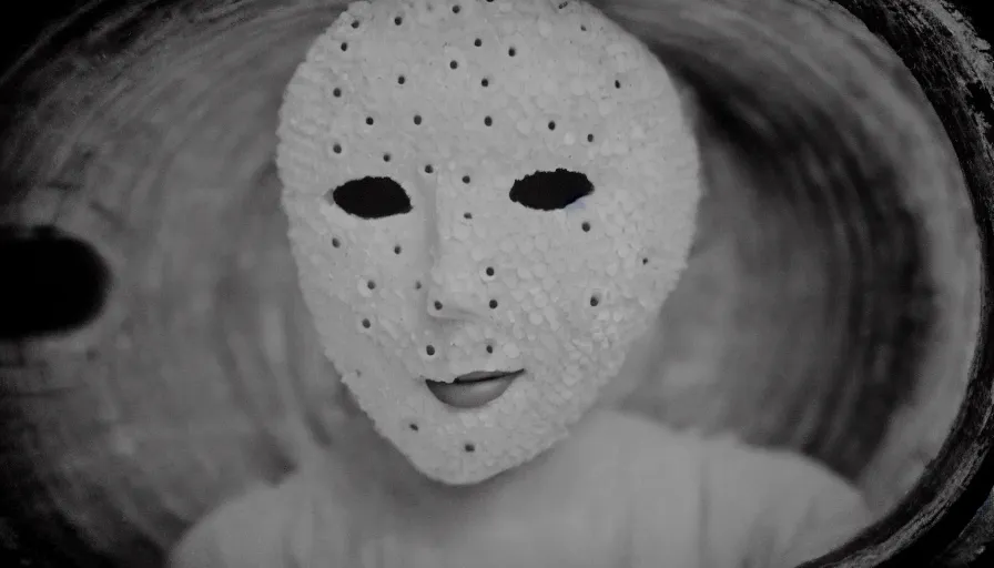 Prompt: 50s movie still close-up portrait of a white female japanese phantom with trypophobia mask in a liminal space style tunnel, early black and white 8mm, heavy grain, low quality,