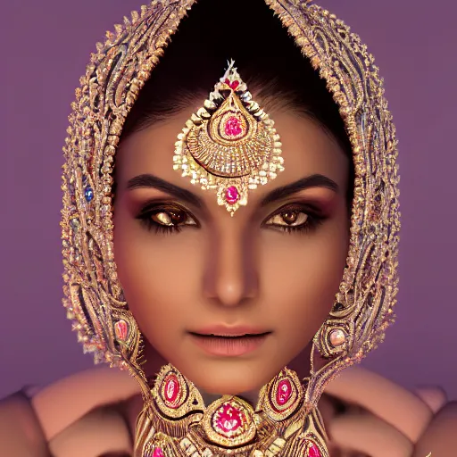 Image similar to portrait of wonderful hindi princess of diamond with radiant skin, ornate with diamonds, 8 k, gorgeous, intricate, detailed, glowing white accent lighting, dramatic lighting, octane render