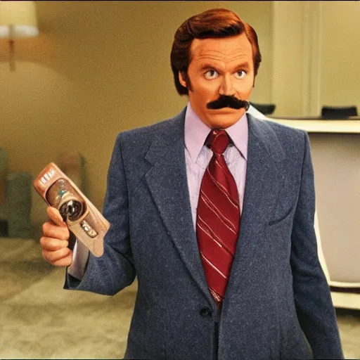 Image similar to a movie still of Alex Trebeck as Ron Burgundy in the movie Anchorman