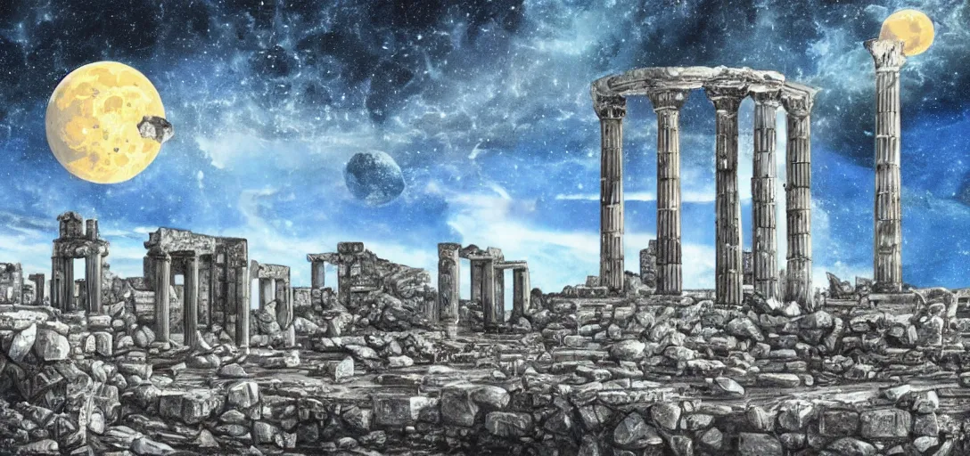 Image similar to The ruins of the Silver Millennium on the moon from Sailor Moon, digital painting, planet Earth in the distance, Greek-esque columns and ruins