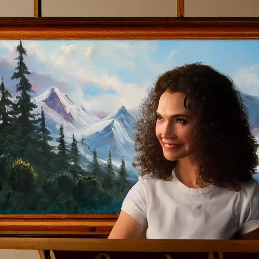 Image similar to a closeup photorealistic photograph of bob ross working on a canvas painting of wonder woman. film still. brightly lit scene. mountains and trees. this 4 k hd image is trending on artstation, featured on behance, well - rendered, extra crisp, features intricate detail, epic composition and the style of unreal engine.