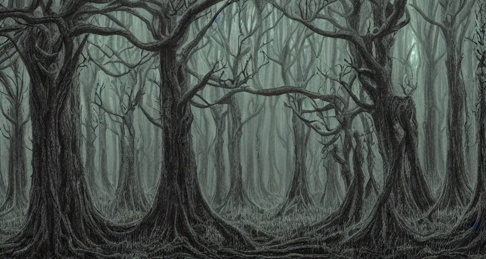 Image similar to A dense and dark enchanted forest with a swamp, by David Eichenberg