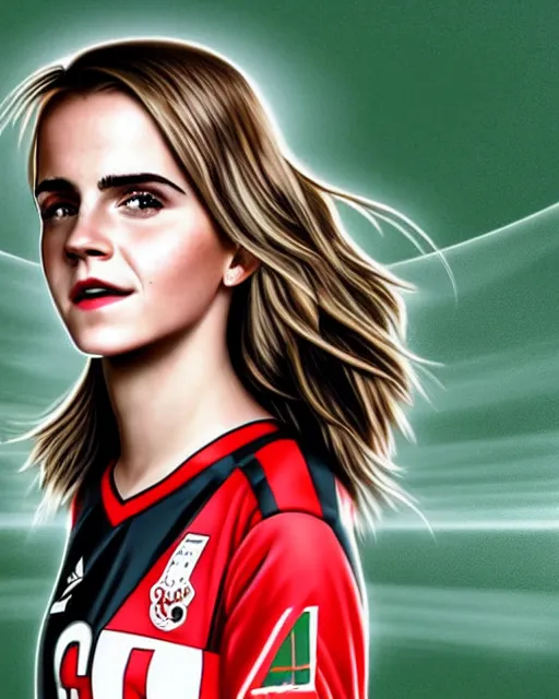 Image similar to a portrait of emma watson as a lokomotiv football player, hyper realistic