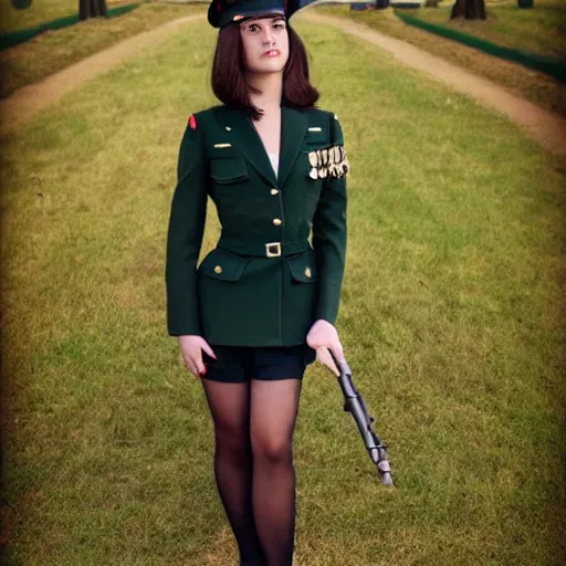 Image similar to brunette woman, short flip out hair, emerald eyes, black military uniform