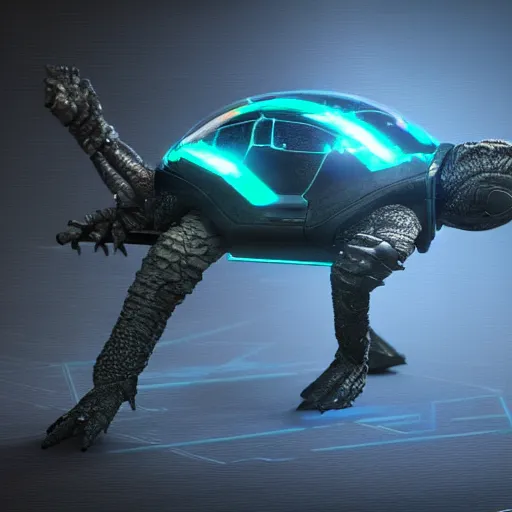 Image similar to a cybertronic turtle, leds, high detail, sharp, studio, digital art, octane render