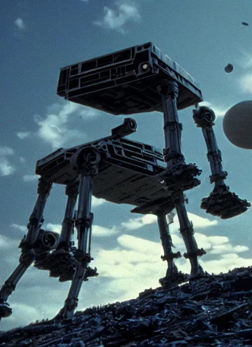 Prompt: screenshot of a wide shot looking up at a star wars AT-ST on a trash planet, from the 1970s film by Stanley Kubrick, brutal, iconic scene, stunning cinematography, hyper-detailed, sharp, anamorphic lenses, kodak color, 4k, stunning