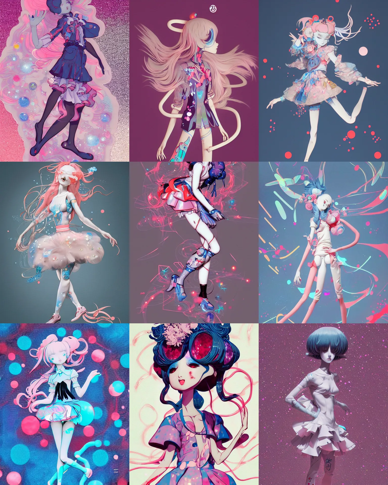 Prompt: james jean isolated vinyl figure harajuku magical girl character design, figure photography, dynamic pose, holographic undertones, motion shapes color design, glitter accents on figure, anime stylized, sharp focus, accurate fictional proportions, high delicate defined details, ethereal lighting