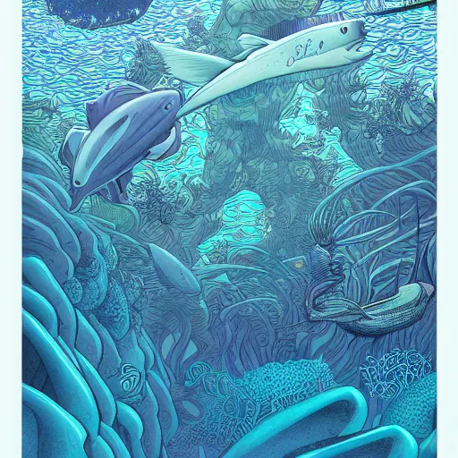 Image similar to metallic ethereal underwater paradise in the style of moebius, james jean, mcbess!!!, cinematic, highly detailed, award winning, 8 k photorealistic
