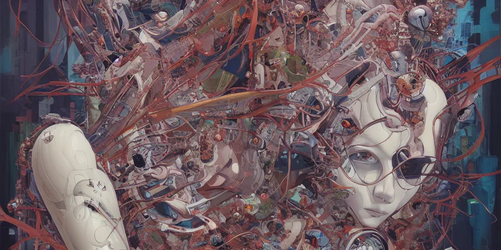 Image similar to gigantic oil painting art by james jean and katsuhiro otomo and moebius, inspired by ghost in the shell anime, smooth face feature, intricate oil painting, high detail illustration, sharp high detail, manga and anime 1 9 9 9