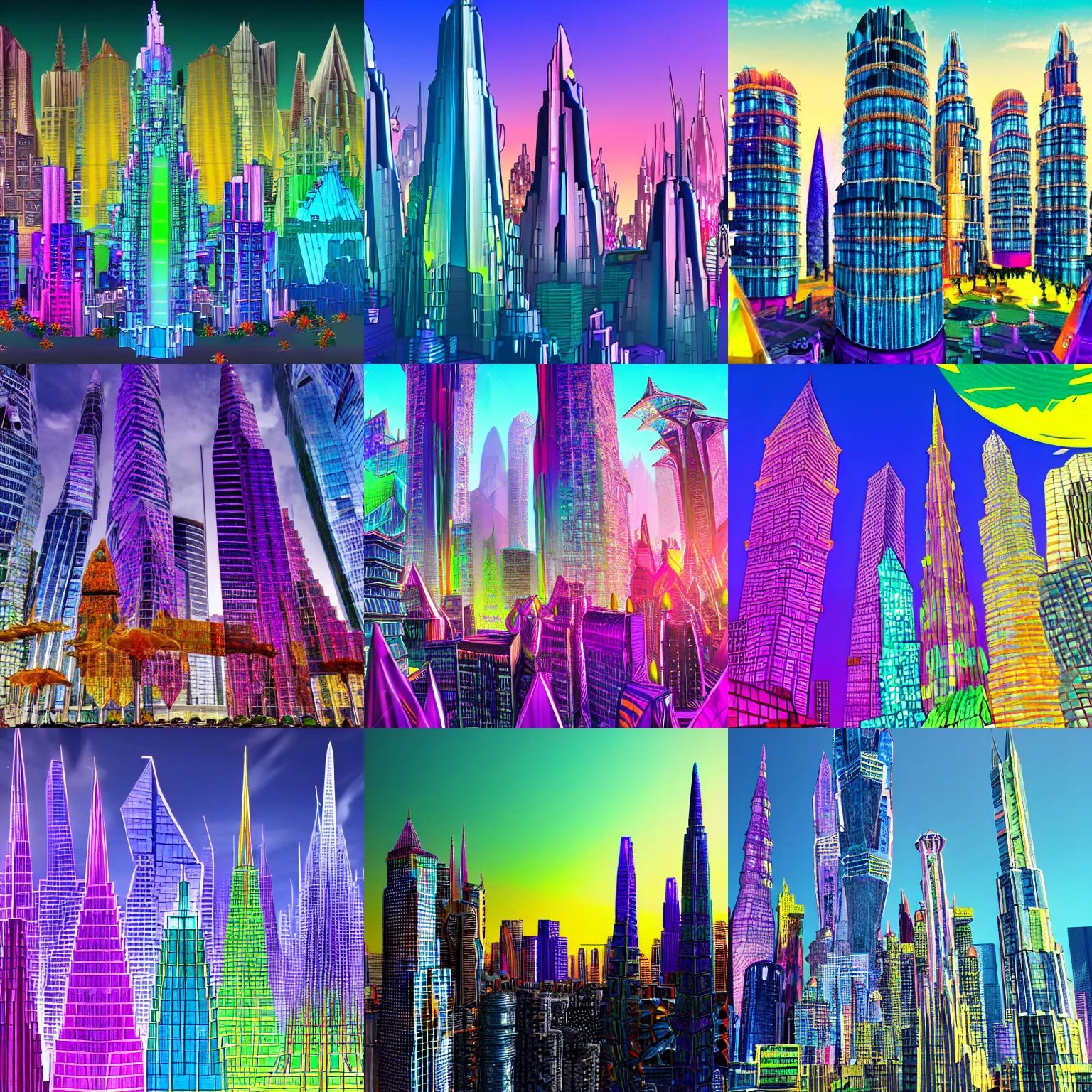 Prompt: an epic colorful alien crystal city with many spires and skyscrapers