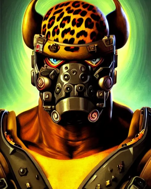 Image similar to doomfist from overwatch, aggressive expression, elegant, leopard print, character portrait, portrait, close up, concept art, intricate details, highly detailed, vintage sci - fi poster, retro future, in the style of chris foss, rodger dean, moebius, michael whelan, and gustave dore