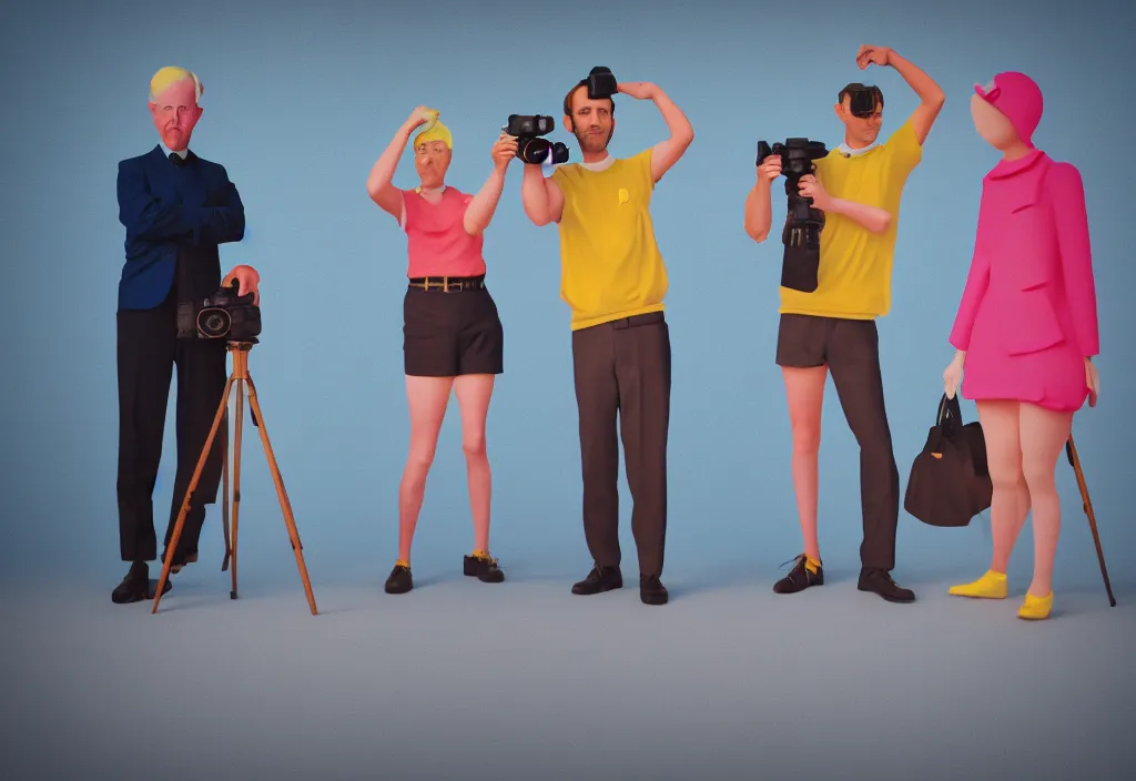 Image similar to full body portrait of a trio of european tourists with nikon cameras, various poses shooting photos, character designs painting, in the style of wes anderson, rene magritte, lola dupre, david hockney, isolated on white background, dark monochrome neon spraypaint accents volumetric octane render