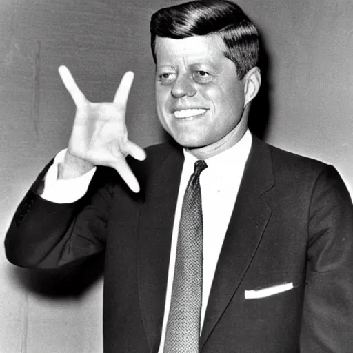 Prompt: jfk with a gen z zoomer haircut curly fade throwing up gang signs