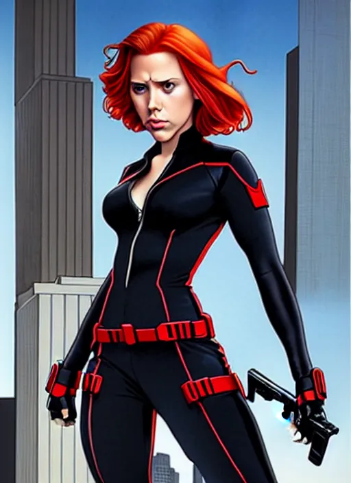 Prompt: phil noto, artgerm, pretty scarlett johansson black widow, symmetrical eyes, long red hair, full body, city rooftop