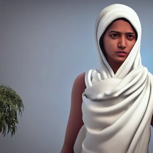 Prompt: a nepali wearing a white shawl, sad, tears, octane render, unreal engine
