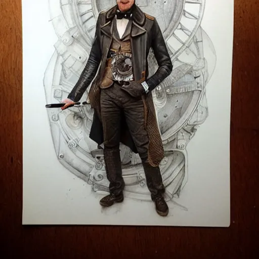 Image similar to hyper realistic pencil drawing of a man steampunk, water color, full figure, detailed, rim light, diffused, intricate, by anna dittmann,