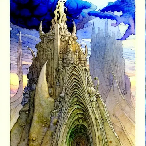 Prompt: an beautiful and very detailed concept watercolour painting by alan lee, rebecca guay, michael kaluta, charles vess and jean moebius giraud of a massive city constructed of ancient stone of impossible architecture floating in the astral plane, with huge!!!!!! statues of furious!!!! seraphim rising from admist the byzantine spires