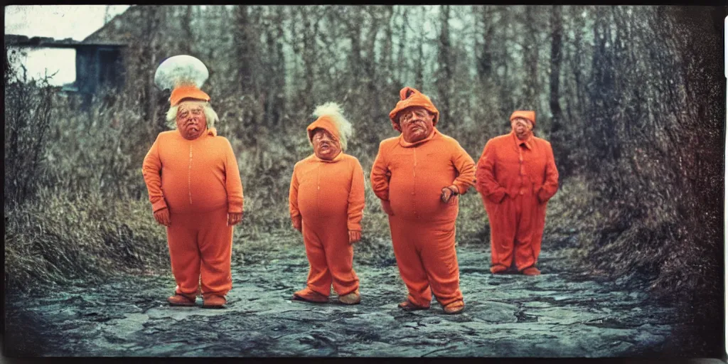 Prompt: detailed medium format photo, polaroid still from tarkovsky movie, donald trump as an oompa loompa, haze, high production value, intricate details, 8 k resolution, hyperrealistic, hdr, photorealistic, high definition, tehnicolor, award - winning photography, masterpiece, amazing colors