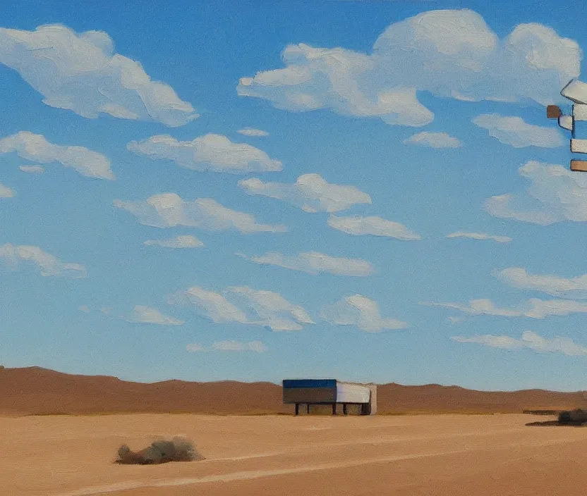 Image similar to a very detailed painting of one billboard in the empty desert, baby blue sky with very aesthetic stylized clouds, in the style of edward hopper, very small brushstrokes, 4 k,