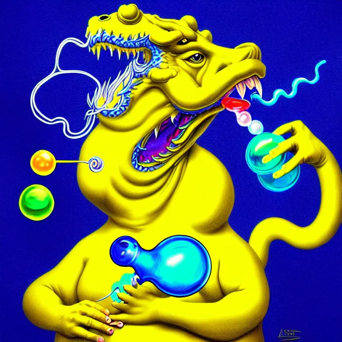 Image similar to a chubby anthropomorphic male blue dragon wearing a yellow t - shirt blowing a bubble, by alex grey, intricate details, artstation, cute, furry, psychedelic, hd, beautiful