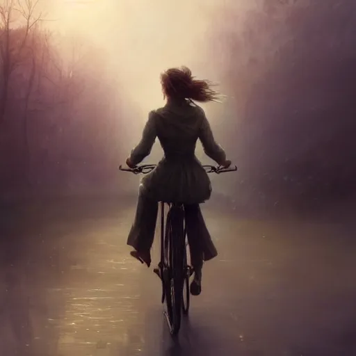 Prompt: cinematic shot epic portrait emma watson riding a bicycle in the streets, atmospheric, cloudy, broad light, ambient occlusion, volumetric light effect, made by ivan aivazovsky, peter mohrbacher, greg rutkowski, ross tran, matte painting, trending on artstation, 4 k, perfectly defined features, digital painting, cinematic, epic, highly detailed,