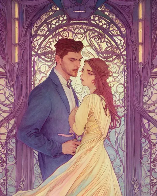 Prompt: secret romance, highly detailed,, art nouveau, gold filigree, romantic storybook fantasy, soft cinematic lighting, award, disney concept art watercolor illustration by mandy jurgens and alphonse mucha and alena aenami, pastel color palette, featured on artstation