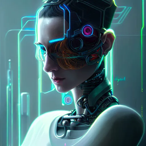 Prompt: cyberpunk robotic elvish queen, extremely detailed, hyperrealistic, intricate, soft light, fantasy, digital painting, art station, by wlop